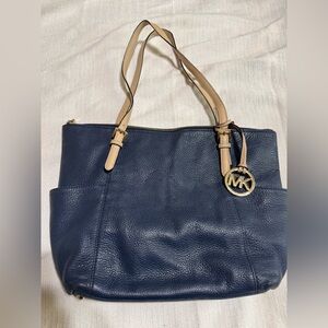 Michael Kors Navy Leather Tote with Tan Handles and Gold MK Charm